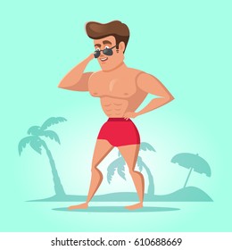 Bodybuilder Cartoon Posing on the Beach. Healthy Lifestyle. Vector illustration