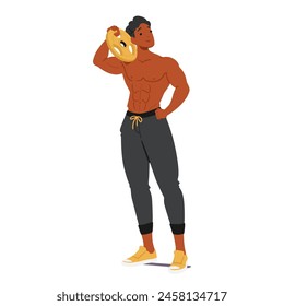 Bodybuilder Casually Rests A Weight Plate On His Shoulder. Muscleman Character Displaying His Defined Abs And Strong Physique With A Confident Stance In Gym Attire. Cartoon People Vector Illustration