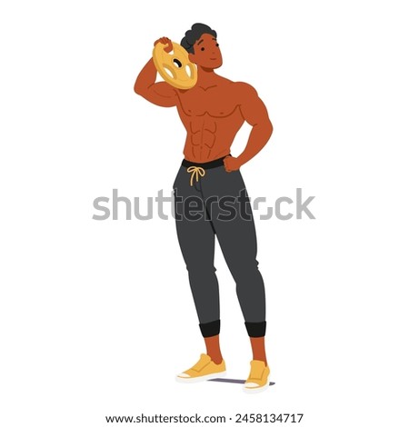 Bodybuilder Casually Rests A Weight Plate On His Shoulder. Muscleman Character Displaying His Defined Abs And Strong Physique With A Confident Stance In Gym Attire. Cartoon People Vector Illustration