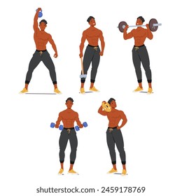 Bodybuilder Character Lifting Barbell, Kettlebell and Dumbbells Overhead, Exhibiting The Sculpted Upper Body Acquired Through Regular Resistance Exercises Focused On Building Strength And Muscle Mass