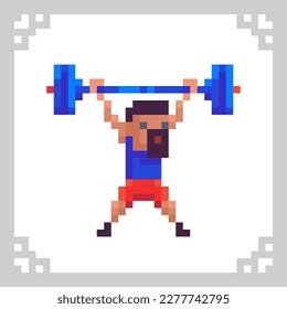 Bodybuilder character. Weightlifting sportsman with a barbell in pixel art, 8 bit retro style vector illustration