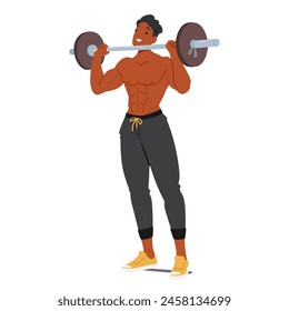 Bodybuilder Confidently Lifting A Barbell, His Defined Muscles And Overall Strong Physique Evident, Happy Black Man Lifting A Weight, Showcasing His Arm Strength And Balance In Weight Training, Vector