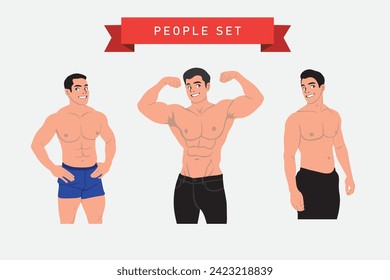Bodybuilder with different poses. Vector illustration in flat style.