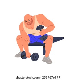 El culturista hace ejercicio en el banco, presiona mancuernas. Fuerza muscular de entrenamiento del atleta. Hombre adulto fuerte va levantamiento de pesas, deporte profesional. Ilustración vectorial aislada plana sobre fondo blanco