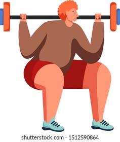 Bodybuilder doing back squats with barbell, vector flat illustration isolated on white background. Weightlifting, strength training, pumping iron, sport activity, gym workout, weight exercise.
