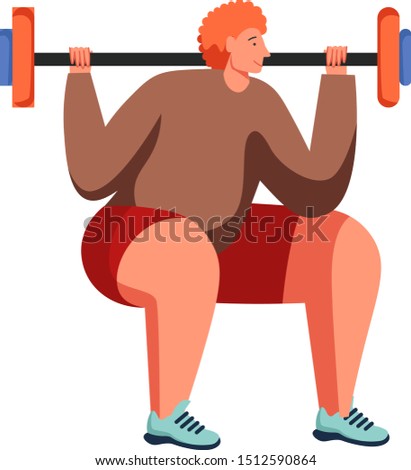 Bodybuilder doing back squats with barbell, vector flat illustration isolated on white background. Weightlifting, strength training, pumping iron, sport activity, gym workout, weight exercise.