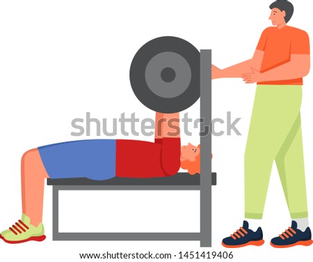 Bodybuilder doing bench press with barbell, vector flat illustration isolated on white background. Weightlifting, strength training, pumping iron, sports, barbell workout, bodybuilding.