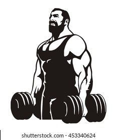 Bodybuilder doing exercise with dumbbells for biceps, vector illustration