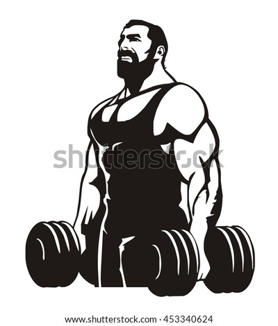 Bodybuilder doing exercise with dumbbells for biceps, vector illustration