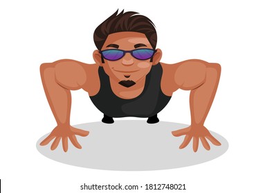Bodybuilder is doing push-ups. Vector graphic illustration. Individually on a white background.