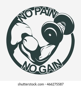 Bodybuilder with dumbbell. Biceps Flex arm gym sign. Weightlifter athlete vector emblem, sport print