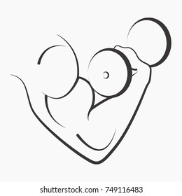 Bodybuilder with dumbbell. Strong power, flex muscle arms gym, biceps - vector