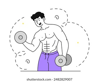 Bodybuilder with dumbbells. Pumped up man with dumbbells in hands training. Active lifestyle and sports. Sportsman and athlete lifts weights. Finess and workout. Linear vector illustration