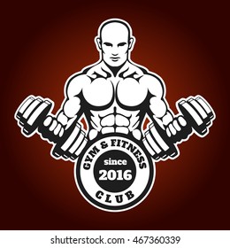 Bodybuilder with dumbbells. Weightlifting, athlete, gym, fitness club emblem or label.