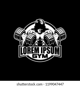 bodybuilder with dumbell or barbell vector badge logo template