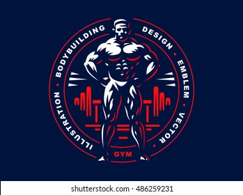 Bodybuilder emblem illustration on dark background