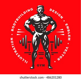 Bodybuilder emblem illustration on red background