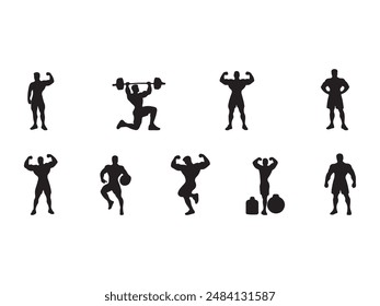 Bodybuilder fitness and gym silhouettes set on a white background.