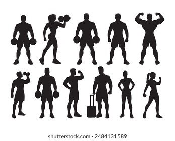 Bodybuilder fitness and gym silhouettes set on a white background.