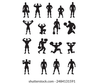 Bodybuilder fitness and gym silhouettes set on a white background.