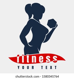 Bodybuilder or Fitness Logo Template. Athletic Woman Holding Weight Silhouette. 