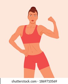 Bodybuilder Fitness Model standing with the sportswear. Strong Woman exercising  with muscular jock. Posing bodybuilding. Woman shows her arm muscles Isolated vector illustration