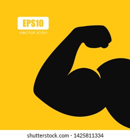 Bodybuilder flex hand vector icon isolated on yellow background