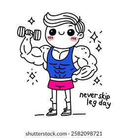 Bodybuilder flexing muscles and lifting a dumbbell. The phrase Never Skip Leg Day adds humor and fitness motivation.