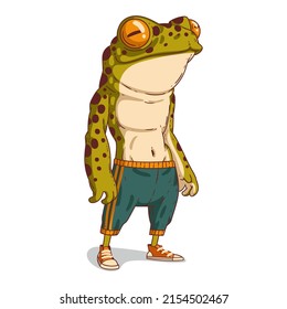 A Bodybuilder Frog, isolated vector illustration. Anthropomorphic frog guy in athletic shape standing topless. Young humanized toad sportsman after a workout. An animal character with a human body