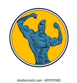 Bodybuilder from the front double biceps. Sports vector symbol.
