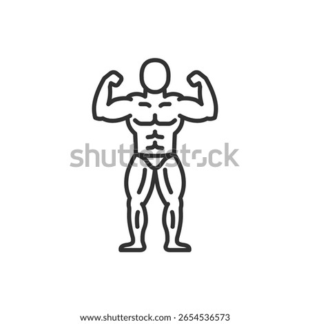 Bodybuilder front pose, linear icon. Full-body flex for physique competition. Line with editable stroke.