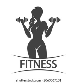 Bodybuilder Gym or Fitness clubTemplate. Athletic Woman Holding Weight Silhouette isolated on white. Vector illustration.