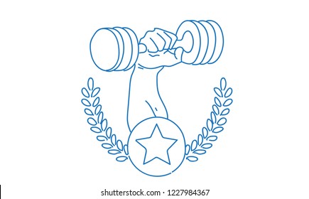Bodybuilder hand holding barbell fitness gym logo modern sport center emblem template sketch doodle horizontal vector illustration