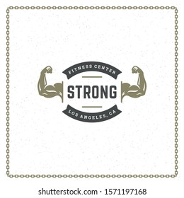 Bodybuilder hands logo or badge vector illustration male biceps symbol silhouette. Retro typography fitness emblem design template or t-shirt print.