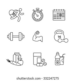 Bodybuilder, Health, Fitness And Running Thin Line Art Icons Set. Modern Black Symbols Isolated On White For Infographics Or Web Use.