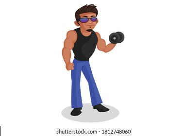 Bodybuilder is holding a dumbbell in one hand. Vector graphic illustration. Individually on a white background.