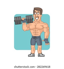 Bodybuilder holding dumbbell and smiling
