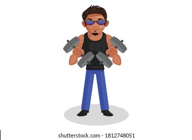 Bodybuilder is holding dumbbells in both hands. Vector graphic illustration. Individually on a white background.