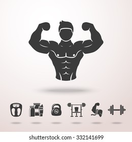 Bodybuilder icon with shadow, and set of icons - dumbbell, weight, bodybuilder, scales, gainer, shaker, measuring, barbell. Vector