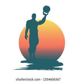 Bodybuilder with kettlebell silhouette. Bodybuilder posing on grunge brush stroke.
