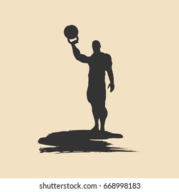 Bodybuilder with kettlebell silhouette. Bodybuilder posing on grunge brush stroke.