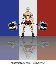 Bodybuilder lifting barbell against the background of the French flag. Vector illustration