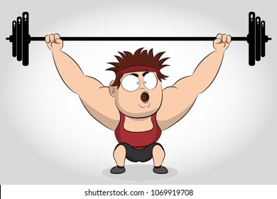 Bodybuilder lifting barbell. Weightlifter. Strong bodybuilder sportsman lifting heavyweight barbell over his head. Weightlifting sport.  Strong man athlete does deadlift. Funny cartoon illustration. 
