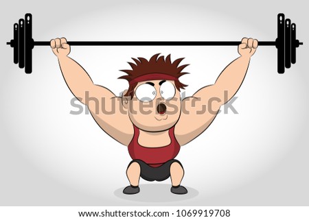 Bodybuilder lifting barbell. Weightlifter. Strong bodybuilder sportsman lifting heavyweight barbell over his head. Weightlifting sport.  Strong man athlete does deadlift. Funny cartoon illustration. 
