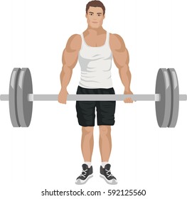 Bodybuilder lifting heavy barbell weights on white background. Vector illustration.