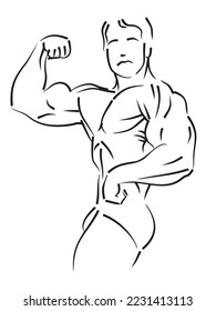 Línea Bodybuilder Dibujo Figura atlética. Fuerte. Músculos bombeados. Hermoso torso macho