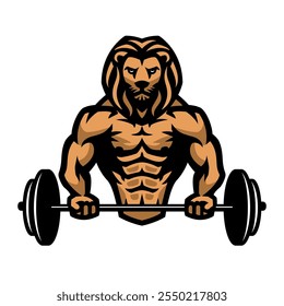 A bodybuilder with a lion head holding a barbell in his hands. Vector illustration.
