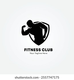 Bodybuilder logo or badge vector illustration. Bodybuilder symbol silhouette. Retro typography fitness emblem design template or t-shirt print.