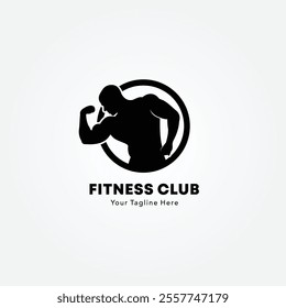 Bodybuilder logo or badge vector illustration. Bodybuilder symbol silhouette. Retro typography fitness emblem design template or t-shirt print.