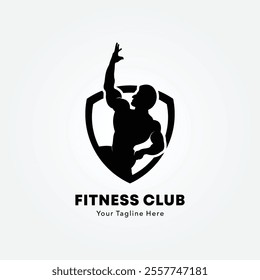 Bodybuilder logo or badge vector illustration. Bodybuilder symbol silhouette. Retro typography fitness emblem design template or t-shirt print.